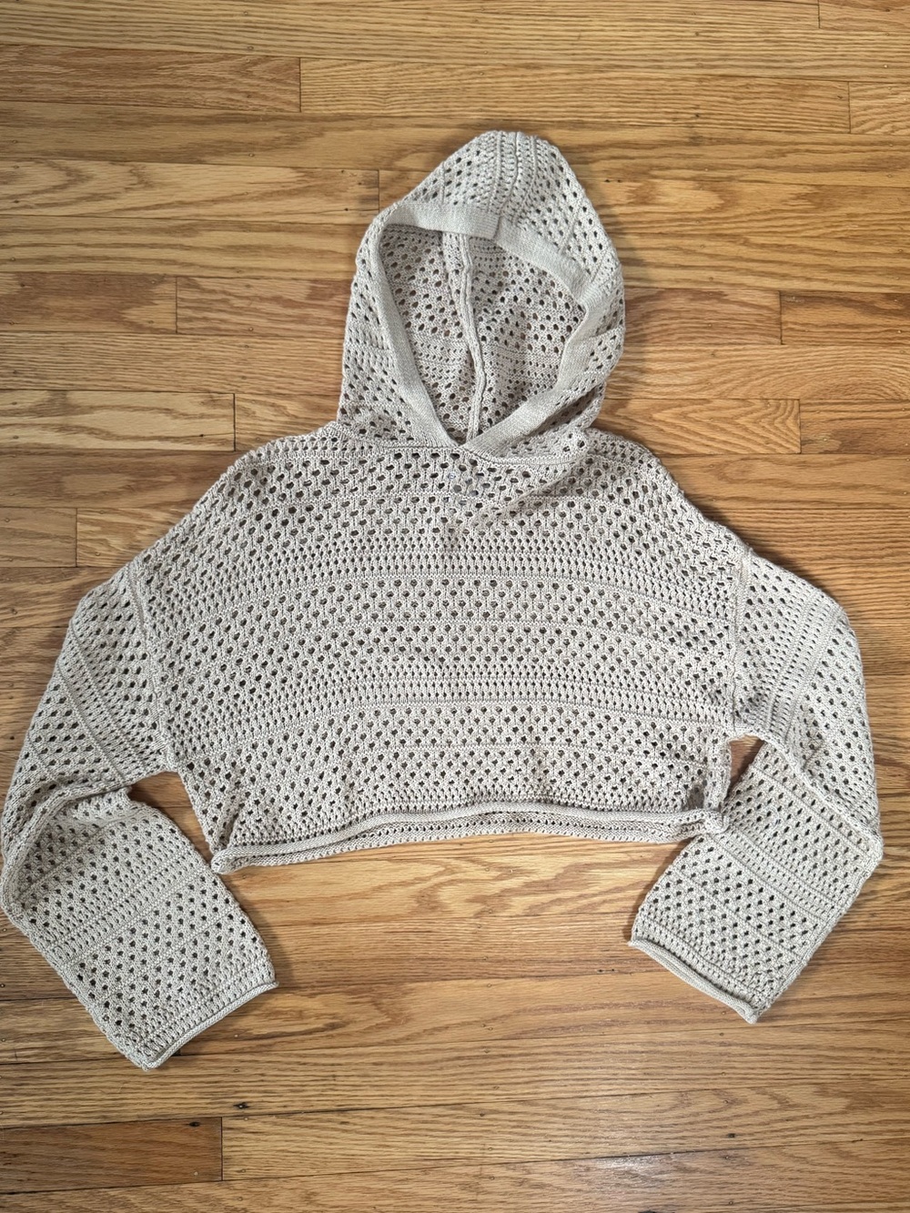 Hooded Cropped Crochet Cover Up Sweater - Cream